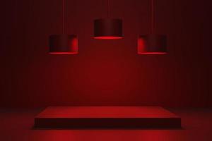 exhibición del podio de la habitación roja con ambiente romántico y poca luz, escena para un producto de sex shop 3d renderizado foto