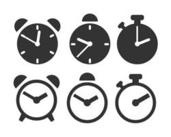 conjunto de tiempo de arte de línea, reloj, despertador, diseño de icono de silueta negra de cronómetro vector