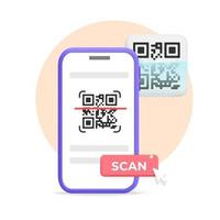 Escaneo vectorial 3d y pago con código qr con aplicación en la ilustración de banner de servicio de teléfono inteligente móvil vector