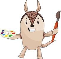 Armadillo with paint brush, illustration, vector on white background.