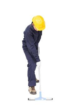 Man hold squeegee window cleaner isolated on white photo