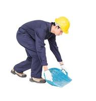 Young worker hold Hod or clam-shell shaped basket photo