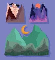 abstract landscape icon set, mountains peak alps moon night sceneries vector