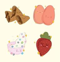 breakfast food fresh cartoon cute boiled eggs strawberry cereal and chocolate cookies vector