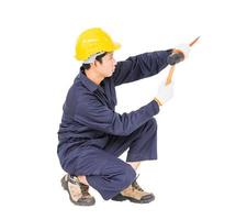 Man hold hammer and cold chisel on white photo