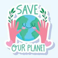 save the world hands with planet and foliage nature cartoon vector