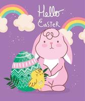 happy easter cute rabbit chicken green egg leaves rainbow decoration vector