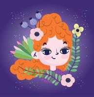 cute girl curly hair with flowers foliage botany vector