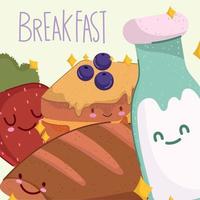 breakfast food fresh cartoon cute milk bottle bread fruit and sandwich vector