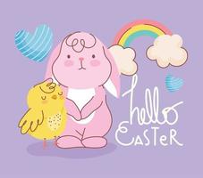 happy easter rabbit chicken rainbow hearts celebration card