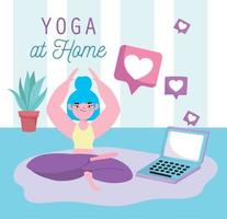 online yoga, young woman lotus position with laptop in floor vector