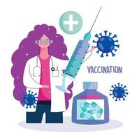 female doctor with syringe and medicine bottle medical health care vaccination vector