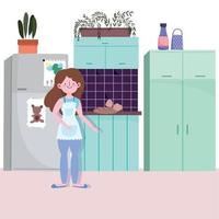 people cooking, girl with baked food in the kitchen vector