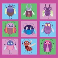 cute bugs insects animal in cartoon style, color icons set vector