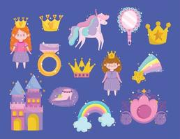 princesa unicornio corona arco iris estrella espejo anillo castillo dibujos animados iconos vector