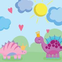 cute dinos nature sun grass clouds landscape vector