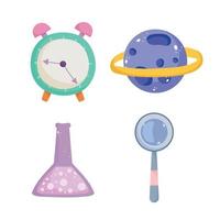 back to school, chemistry flask magnfiier clock and planet elementary education cartoon icons vector