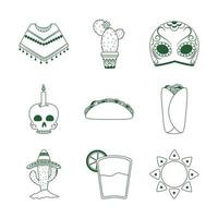 cinco de mayo celebración mexicana fiesta festiva iconos nacionales establecer icono de estilo de línea vector