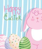 happy easter pink rabbit with eggs striped background vector