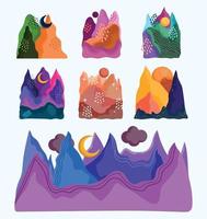 abstract landscape icons set mountains sun moon beautiful sceneries