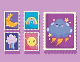 Iconos de sellos de correos meteorológicos con dibujos animados lindos de la luna y el sol de la nube del arco iris vector