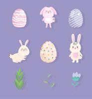 happy easter little rabbits eggs flower icons vector