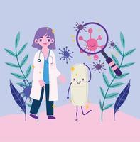 covid 19 virus and woman doctor with lupe and pill cartoon vector design