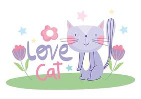 love cat flowers grass decoration animal cartoon cute text vector