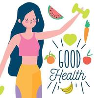 mujer con gimnasio con mancuernas y frutas frescas vida sana vector