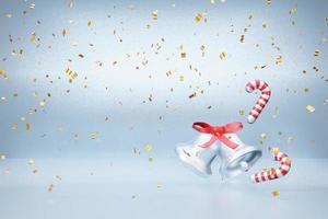 Christmas bell and candy cane with gold confetti white glossy happy new year background 3d rendering photo