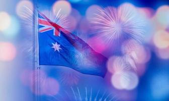 Australian flag on bokeh and fireworks background photo