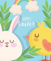 happy easter cute rabbit chicken rainbow leaves card vector