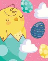 happy easter card chicken on eggshell eggs clouds decoration vector