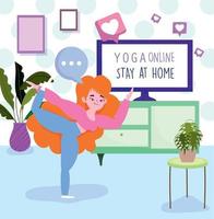 yoga en línea, mujer practicando pose de yoga en la computadora de la habitación, quédate en casa vector