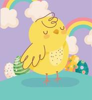 felices pascuas pollito arcoíris huevos nubes decoración vector