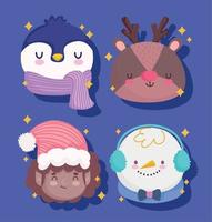 merry christmas faces penguin helper snowman and reindeer decoration and celebration vector