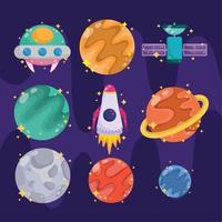 astronomía de la galaxia espacial en iconos de colección de estilo de dibujos animados como el cohete ovni del planeta vector