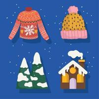 conjunto de iconos de invierno suéter sombrero montañas nieve y dibujos animados de la casa vector