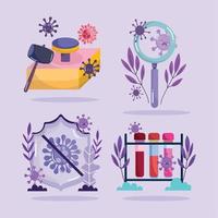 covid 19 virus cartoons hammer lupe shield and test tubes vector design