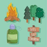 camping bonfire water bottle forest trees in cartoon style icons set vector