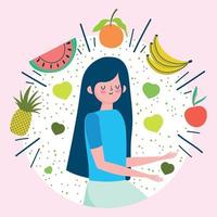 mujer joven frutas y verduras vida sana fresca vector