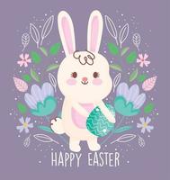 happy easter cute rabbit carrying egg flowers decoration vector