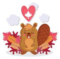 castor con hoja de arce corazón de feliz día de canadá diseño vectorial vector