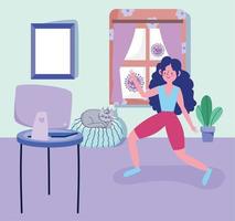 mujer en la habitación practicando actividad deporte ejercicio en casa covid 19 pandemia vector
