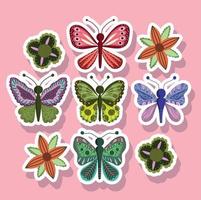mariposas insectos naturaleza animales en estilo pegatina sobre fondo rosa vector