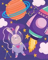 astronauta conejo transbordador y planeta aventura espacial galaxia dibujos animados vector