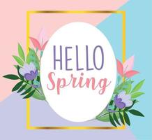hello spring, arrangement flowers leaves invitation badge