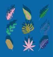 hojas follaje naturaleza decoración resumen sombra azul fondo iconos conjunto vector