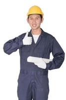 Worker holding blueprint on white background photo
