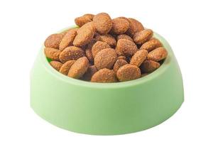 Dry animal feed in a green bowl. Balanced nutrition for cats or dogs. Food for pets. photo